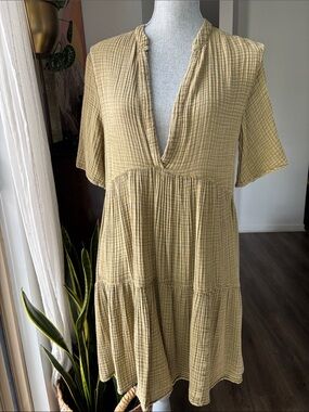 Anthropologie Olive Green Tiered Deep V-Neck 100% Cotton Mini Dress XS